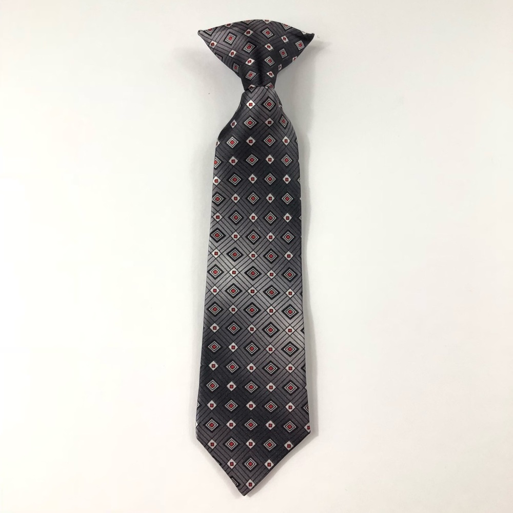 Boys 6 12 M Grey Black Red White Diamond Striped Neck Tie Clip On Andrew Frezza